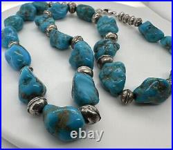 Vintage Native American Bright Blue Turquoise Bead Sterling Silver Necklace