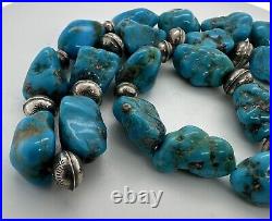 Vintage Native American Bright Blue Turquoise Bead Sterling Silver Necklace