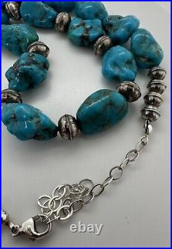 Vintage Native American Bright Blue Turquoise Bead Sterling Silver Necklace