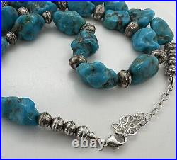 Vintage Native American Bright Blue Turquoise Bead Sterling Silver Necklace