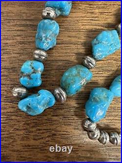 Vintage Native American Bright Blue Turquoise Bead Sterling Silver Necklace