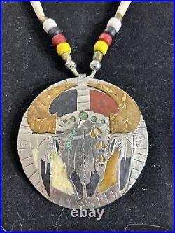 Vintage Native American Bull Skull Silver Turquoise Pendant Necklace 84 Grams