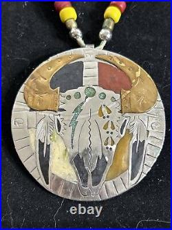 Vintage Native American Bull Skull Silver Turquoise Pendant Necklace 84 Grams