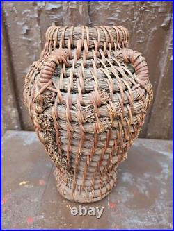 Vintage Native American Coil Reed basket Vase Jug Four Handles Must See 13