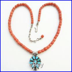 Vintage Native American Coral Bead Necklace + Turquoise Squash Blossom Pendant
