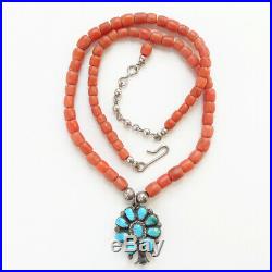 Vintage Native American Coral Bead Necklace + Turquoise Squash Blossom Pendant
