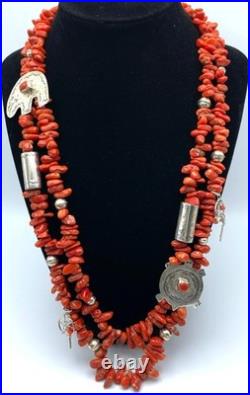 Vintage Native American Coral Sterling Silver Necklace Dream Catcher 28 MARKED