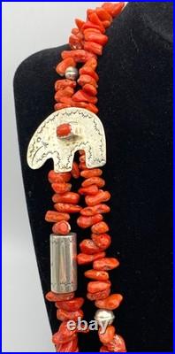 Vintage Native American Coral Sterling Silver Necklace Dream Catcher 28 MARKED