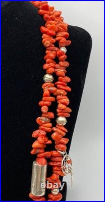 Vintage Native American Coral Sterling Silver Necklace Dream Catcher 28 MARKED