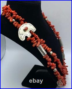 Vintage Native American Coral Sterling Silver Necklace Dream Catcher 28 MARKED