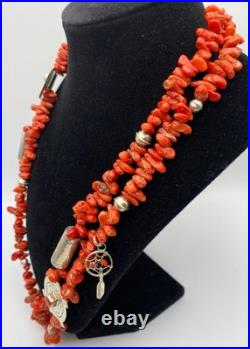 Vintage Native American Coral Sterling Silver Necklace Dream Catcher 28 MARKED