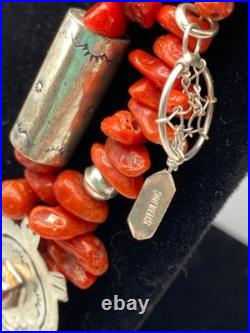Vintage Native American Coral Sterling Silver Necklace Dream Catcher 28 MARKED
