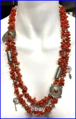 Vintage Native American Coral Sterling Silver Necklace Dream Catcher 28 MARKED