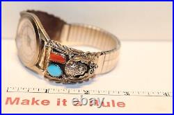 Vintage Native American Coral/Turquoise Watch Band Buffalo Monin Watch (NR)