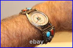 Vintage Native American Coral/Turquoise Watch Band Buffalo Monin Watch (NR)