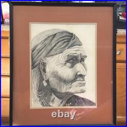 Vintage Native American Elderly Women Portrait Pencil Drawing Singed Turner