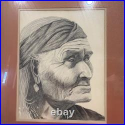 Vintage Native American Elderly Women Portrait Pencil Drawing Singed Turner