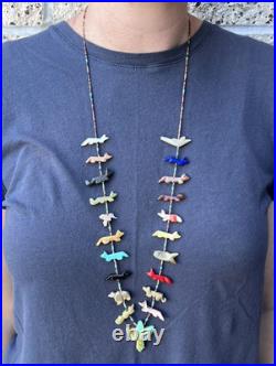Vintage Native American Fetish Carved Animal Beaded Sterling Necklace Turquoise