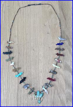 Vintage Native American Fetish Carved Animal Beaded Sterling Necklace Turquoise