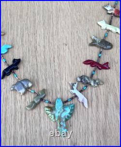 Vintage Native American Fetish Carved Animal Beaded Sterling Necklace Turquoise