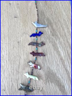 Vintage Native American Fetish Carved Animal Beaded Sterling Necklace Turquoise