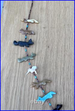 Vintage Native American Fetish Carved Animal Beaded Sterling Necklace Turquoise