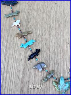 Vintage Native American Fetish Carved Animal Beaded Sterling Necklace Turquoise