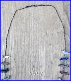 Vintage Native American Fetish Carved Animal Beaded Sterling Necklace Turquoise