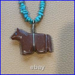 Vintage Native American Fetish HORSE Necklace Sterling Turquoise Heishi Zuni