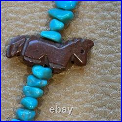 Vintage Native American Fetish HORSE Necklace Sterling Turquoise Heishi Zuni