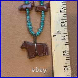 Vintage Native American Fetish HORSE Necklace Sterling Turquoise Heishi Zuni