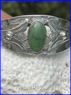 Vintage? Native American Fred Harvey Era Green Turquoise Sterling Silver Cuff