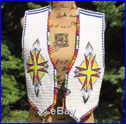Vintage Native American Fully Beaded Vest Black Suede Lazy Stitch Star Pattern