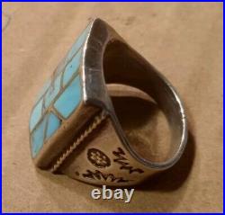 Vintage Native American Geometric Turquoise Mosaic Inlay Silver Ring SZ 8-8.5