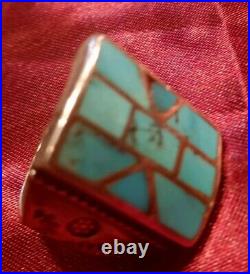 Vintage Native American Geometric Turquoise Mosaic Inlay Silver Ring SZ 8-8.5