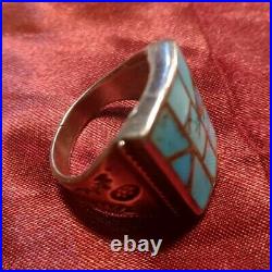 Vintage Native American Geometric Turquoise Mosaic Inlay Silver Ring SZ 8-8.5