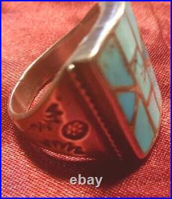 Vintage Native American Geometric Turquoise Mosaic Inlay Silver Ring SZ 8-8.5