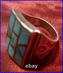 Vintage Native American Geometric Turquoise Mosaic Inlay Silver Ring SZ 8-8.5