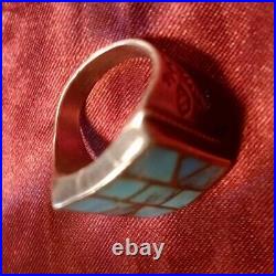 Vintage Native American Geometric Turquoise Mosaic Inlay Silver Ring SZ 8-8.5