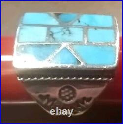 Vintage Native American Geometric Turquoise Mosaic Inlay Silver Ring SZ 8-8.5