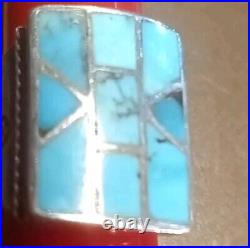 Vintage Native American Geometric Turquoise Mosaic Inlay Silver Ring SZ 8-8.5