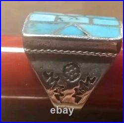 Vintage Native American Geometric Turquoise Mosaic Inlay Silver Ring SZ 8-8.5