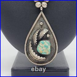 Vintage Native American Handmade Beaded Necklace With Sterling Royston Turquoise