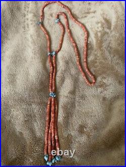 Vintage Native American Handmade Natural Coral Beads And Turquoise Necklace