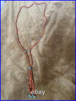 Vintage Native American Handmade Natural Coral Beads And Turquoise Necklace