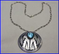 Vintage Native American Hopi Sterling Silver Turquoise Pendant Necklace