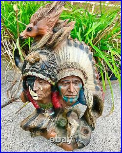 Vintage Native American Indian Dual Bust Resin Sitting Bull Squanto Beautiful