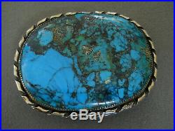 Vintage Native American Indian Rich Blue Turquoise Sterling Silver Belt Buckle