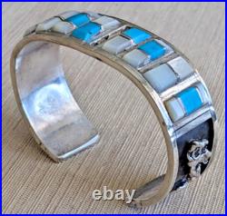 Vintage Native American Indian Turquoise + MOP Silver Cuff Bracelet 49 gm 6-3/4