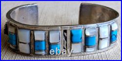 Vintage Native American Indian Turquoise + MOP Silver Cuff Bracelet 49 gm 6-3/4